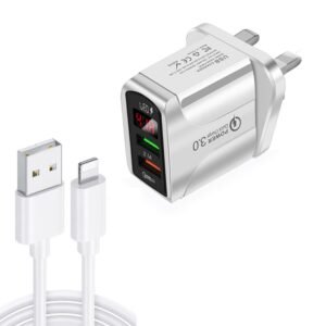 F002C QC3.0 USB + USB 2.0 LED Digital Display Fast Charger with USB to 8 Pin Data Cable, UK Plug, UK Plug + 8 Pin Cable