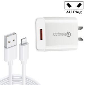CA-25 QC3.0 USB 3A Fast Charger with USB to 8 Pin Data Cable, AU Plug, AU Plug + 8 Pin Cable