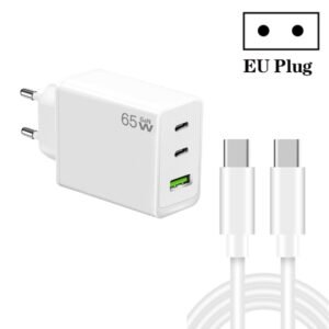 GaN PD65W Type-C x 2 + USB3.0 Charger with Type-C to Type-C Data Cable ,EU Plug