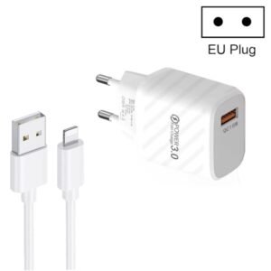 TE-005 QC3.0 18W USB Fast Charger with 1m 3A USB to 8 Pin Cable, EU Plug, EU Plug + 8 Pin Cable