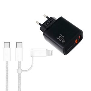 PD31 30W USB-C / Type-C + USB-A Charger with Type-C+8 Pin 2-in-1 Data Cable, EU Plug, EU Plug + 2-in-1 Data Cable