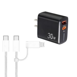 PD31 30W USB-C / Type-C + USB-A Charger with Type-C+8 Pin 2-in-1 Data Cable, US Plug, US Plug + 2-in-1 Data Cable