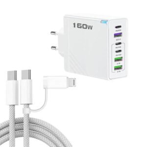 160W Type-C x 3, USB x 3 Quick Charger with Type-C to Type-C / 8 Pin Cable, EU Plug, EU Plug + Cable