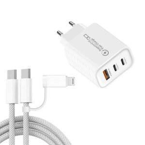 949-2C1A PD25W Type-C x 2, USB 3.0 Charger with Type-C to Type-C / 8 Pin Cable, EU Plug, EU Plug + Cable