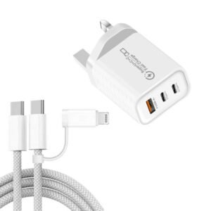 949-2C1A PD25W Type-C x 2, USB 3.0 Charger with Type-C to Type-C / 8 Pin Cable, UK Plug, UK Plug + Cable