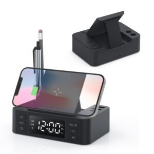 Wireless Charger Alarm Clock Foldable Mobile Stand With Pen Holder & Dual USB +1 Type-C Output, F10