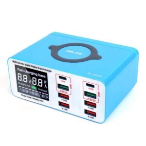 RELIFE RL-304S Multifunctional Smart Digital Display 8 Port Fast Charger USB Support PD+QC3.0 Mobile Phone Charger, US Plug, EU Plug