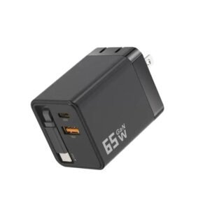 65W GaN Wall Charger With Built-In Retractable USB-C Cable 3-Port Fast Charging Block, US Plug, EU Plug, UK Plug