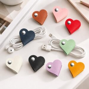 9pcs /Pack Heart Leather Cord Organizer Cute PU Leather Cable Straps for Charging Cord & Headphone, Reusable Wire Keeper Wrap with Metal Snap Clip