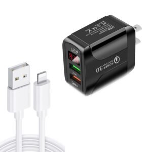F002C QC3.0 USB + USB 2.0 LED Digital Display Fast Charger with USB to 8 Pin Data Cable, US Plug, US Plug + 8 Pin Cable