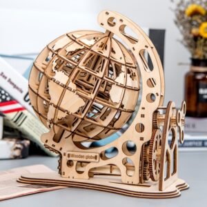 Wooden Mechanical Transmission Model Globe Office Ornaments Children Puzzle Assembly Toys, Mechanical Globe, Gear Shift Globe