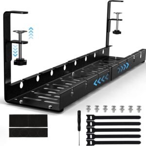 Stretchable Under Desk Cable Management Tray Carbon Steel Cable Organizer Cable Storage Rack, Stretchable Black, Stretchable 30.5-55CM