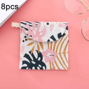 8pcs Cotton and Linen Sanitary Napkin Storage Bag Handy Clutch Bag, Turtle, Elephant, Block, Waves, Owl, Black Tree, Black -bottomed White Tree, Gray Camel, Lucky Cat, Leaves, Blue Cat