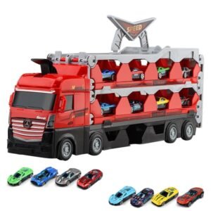 Children Transformable Ejector Truck Toys Foldable Storage Model Alloy Vehicle, With 8 Cars