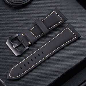 Crazy Horse Layer Frosted Black Buckle Watch Leather Watch Band, Size: 22mm